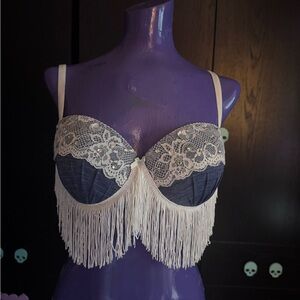 Lace Fringe Festival Bra in Navy and Cream